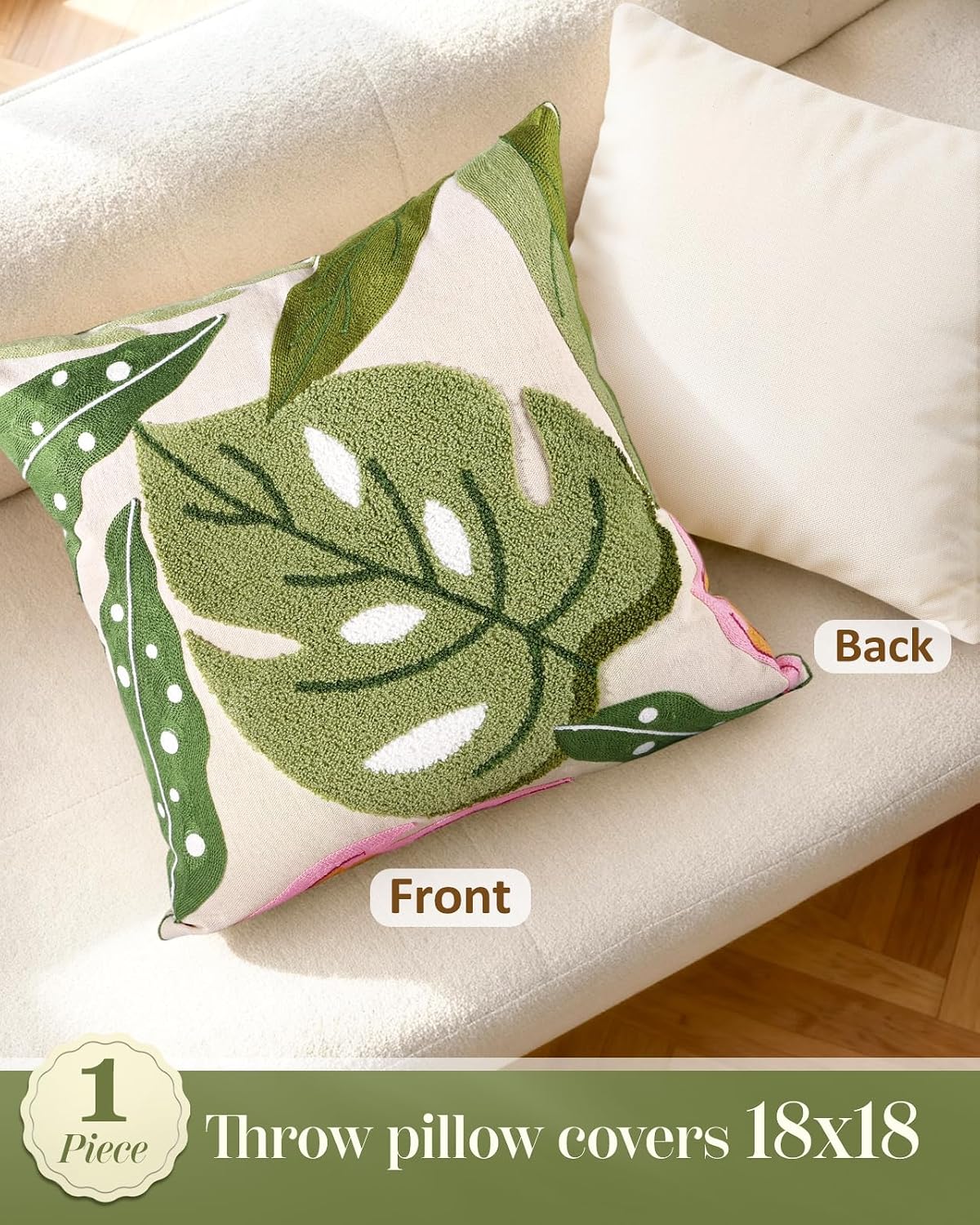 Embroidered Throw Pillow Cover - 18x18 Decorative Pillow Cover with Zipper Aesthetic Cute Design Boho Spring Summer Throw Pillowcase for Living Room Couch Sofa Bed, Monstera Leaves