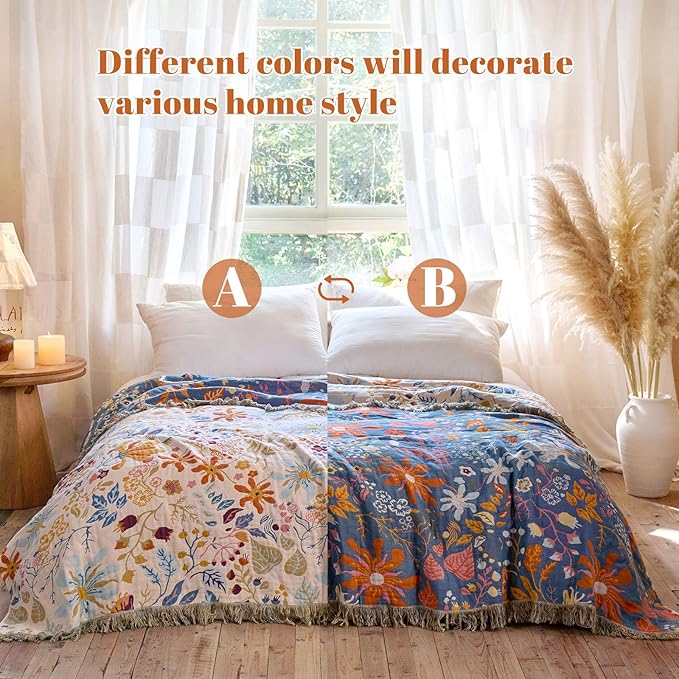 MSGKV Boho Throw Blanket for Couch 100% Cotton 50"x60" Floral Blanket Sofa - Image 4