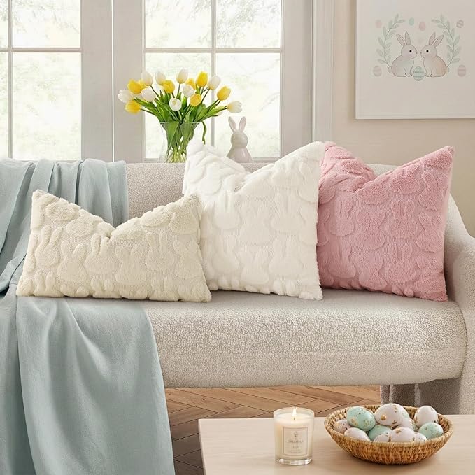 decorUhome Easter Bunny Pillow Covers 20x20 Inch Set of 2, Soft Plush Faux Wool - Image 3