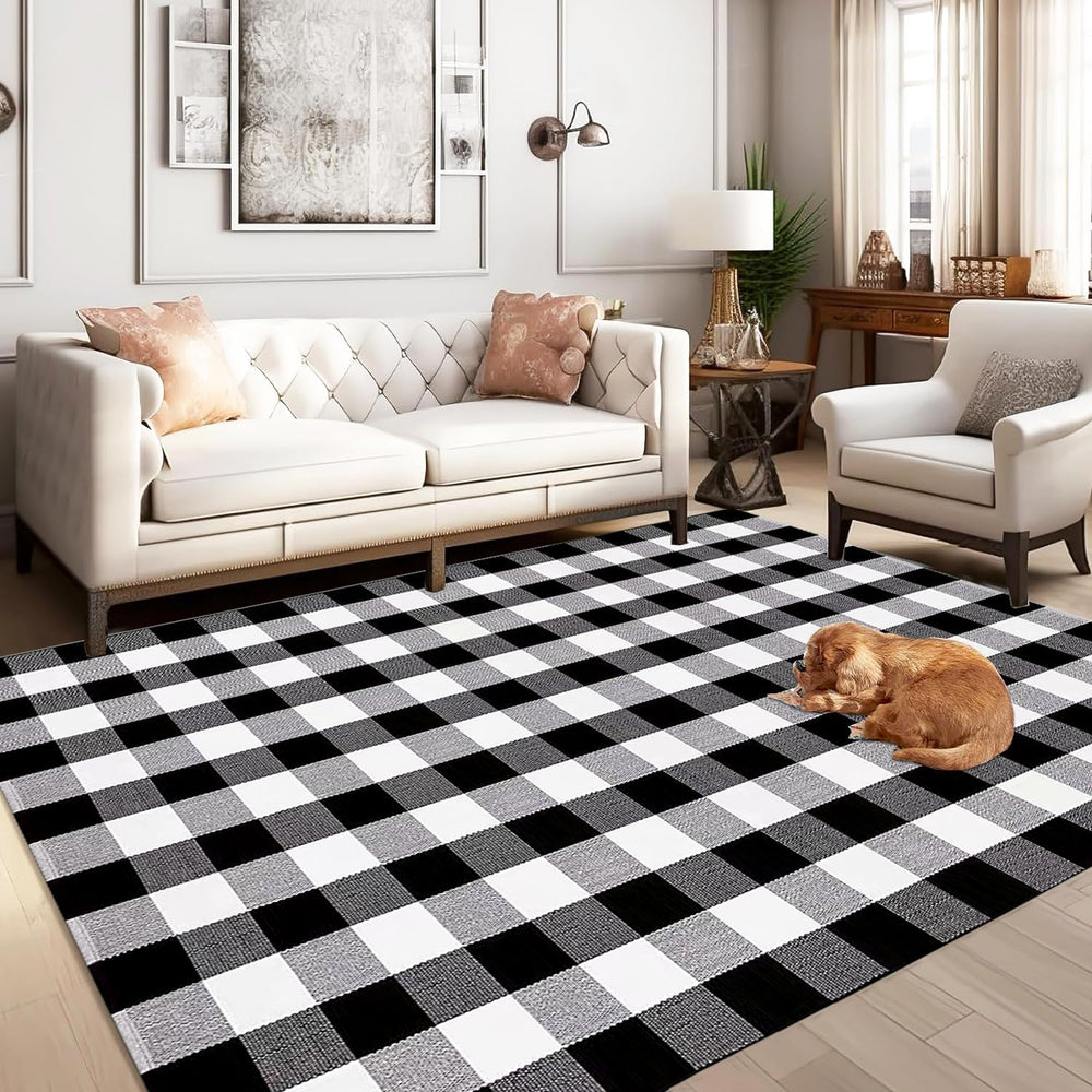 Buffalo Plaid Outdoor Rug 5' x 7' Washable Rugs,Black and White Check...