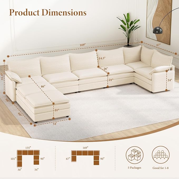 Vesgantti Large Modular Sectional Sofa, Big Comfy Cloud Couch with Ottoman De...