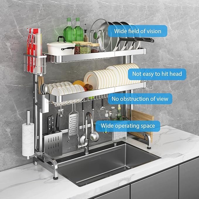 Over The Sink Dish Drainer Drying Rack, Full Stainless Steel 3-Tier Adjustable - Image 7
