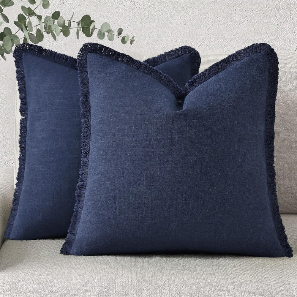 decorUhome Linen Fringe Navy Blue Throw Pillow Covers 18x18 Set of 2