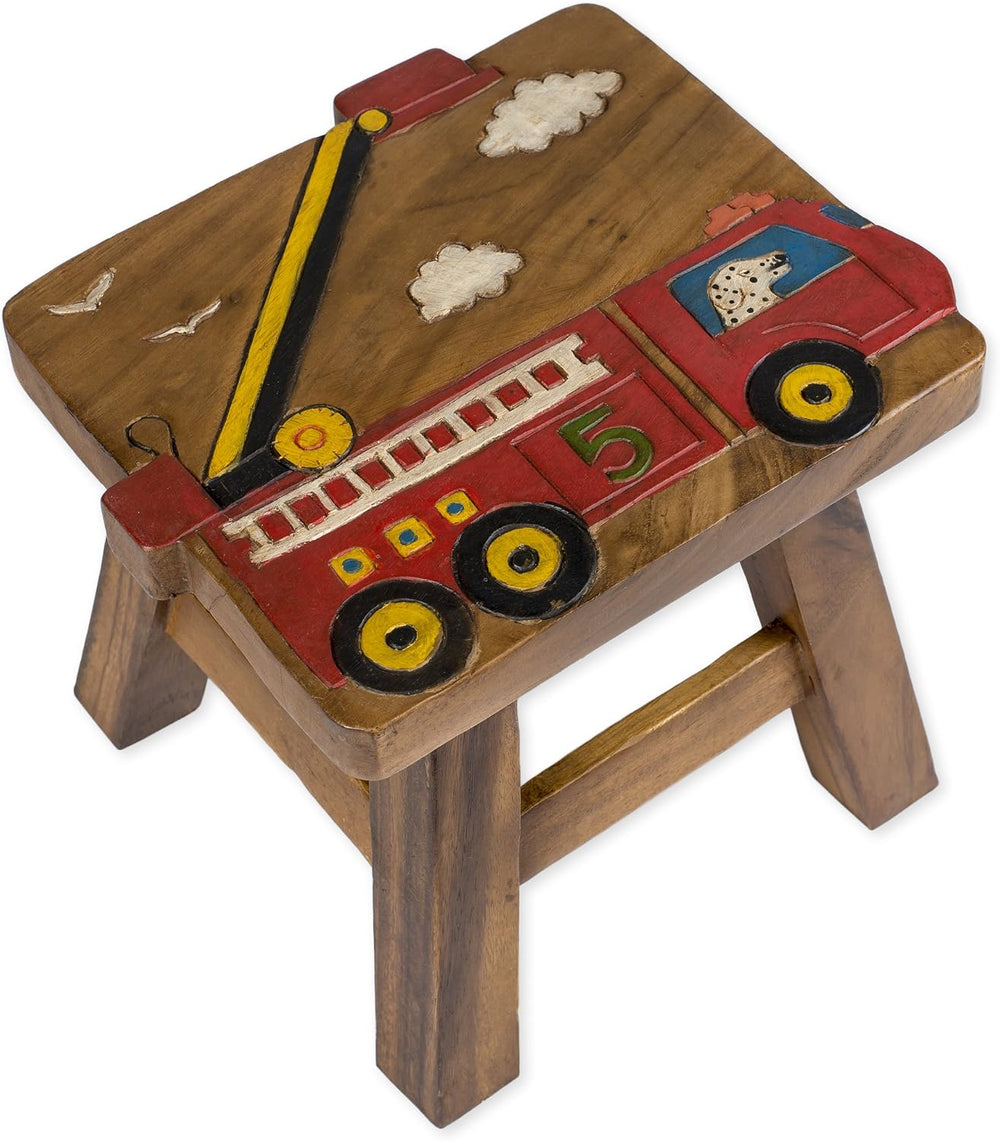 Sea Island Imports Red Fire Truck Design Hand Carved Acacia Hardwood Decorati...