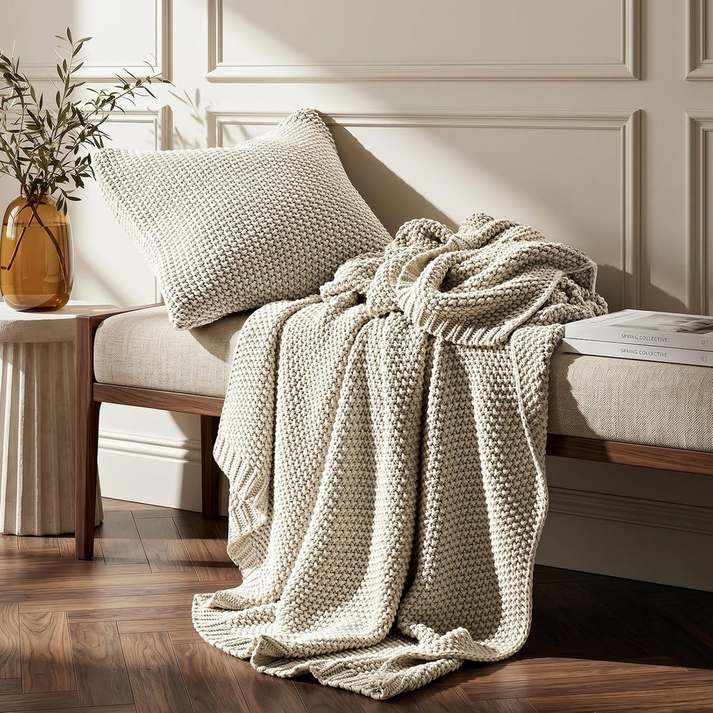 EverGrace Organic Cotton Chunky Knit Throw Blanket, 60 x 80 Birch