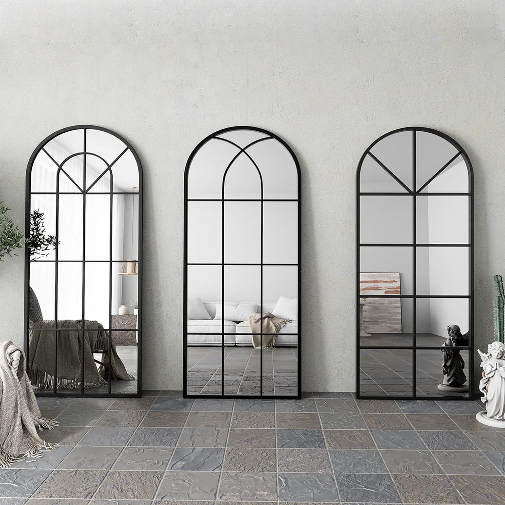 Floor Full Length Mirror, Arch Top Window Pane Mirror, 56"x22" Black
