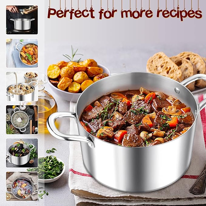 E-far 5 Quart Stock Pot with Lid, 18/10 Tri-ply Stainless Steel Stockpot - Image 5