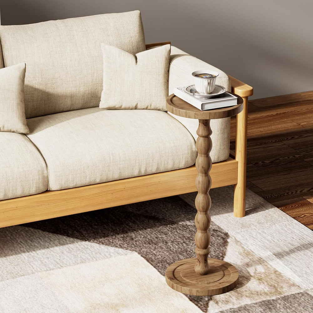 Small Side Table, Rubberwood‌ Drink Table for Small Spaces, Solid Wood Pedest...
