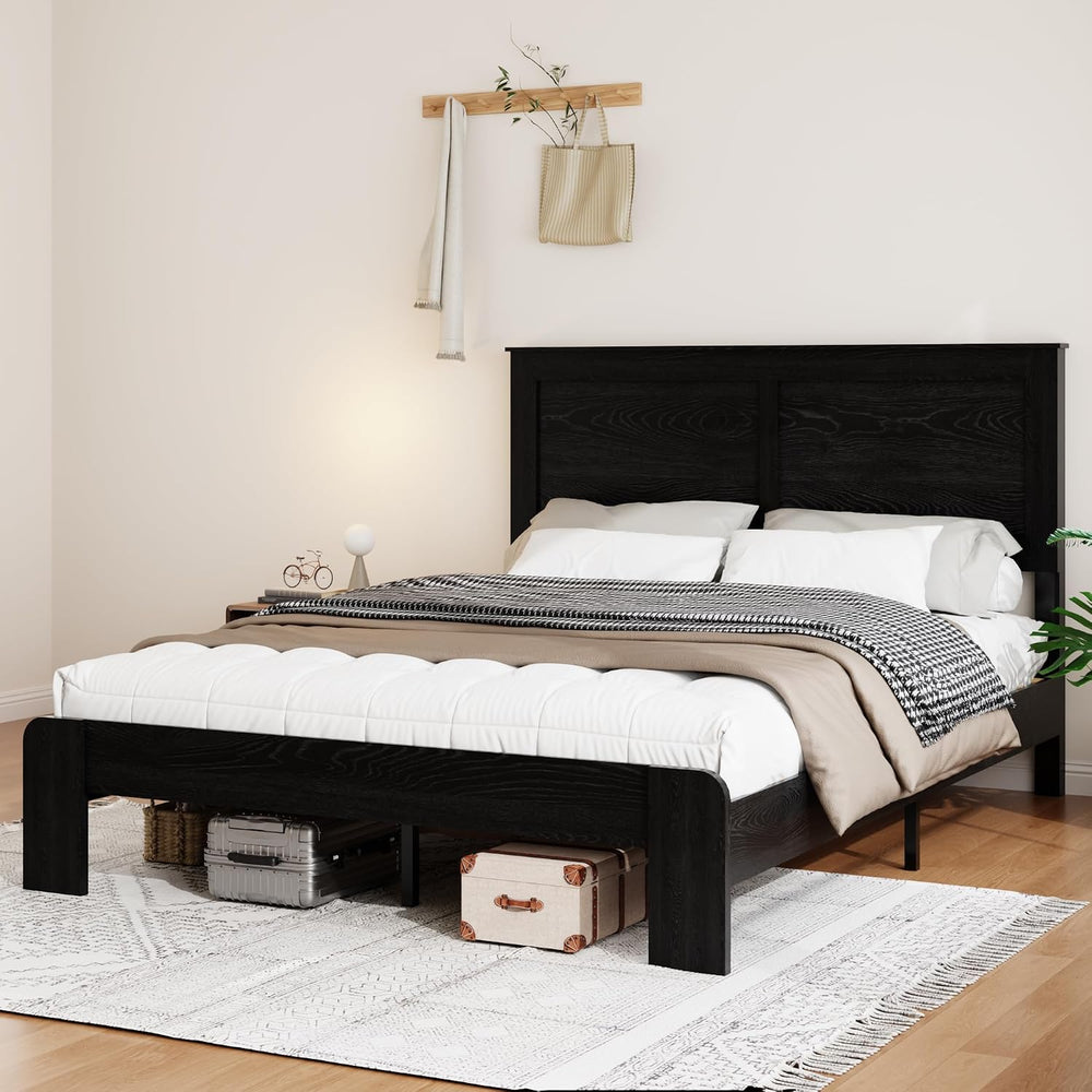 Wooden Bed Frame Full Size with Headboard, Farmhouse Platform Bed
