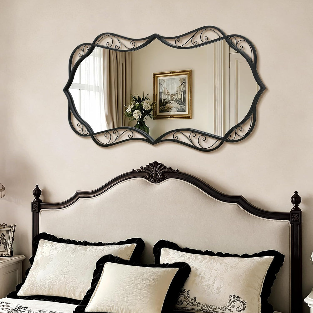 Besdomus Black Bathroom Wall Mirror: 24"x48" Framed Decorative Wavy...
