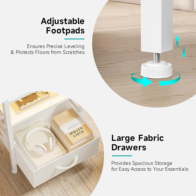 Night Stand Bedside Table Bedroom - White Nightstand with Charging Station &a...