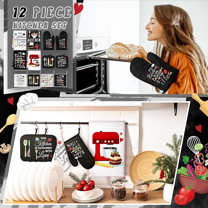 12 Pcs Farmhouse Kitchen Decoration Set 4 Funny Quote Black Kitchen Towels 4 - Image 2