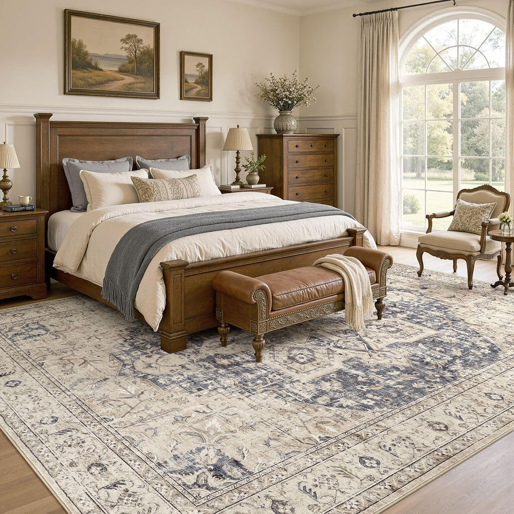 Tortania Area Rug 10x14 Living Room Rug Washable Soft Cream/Blue
