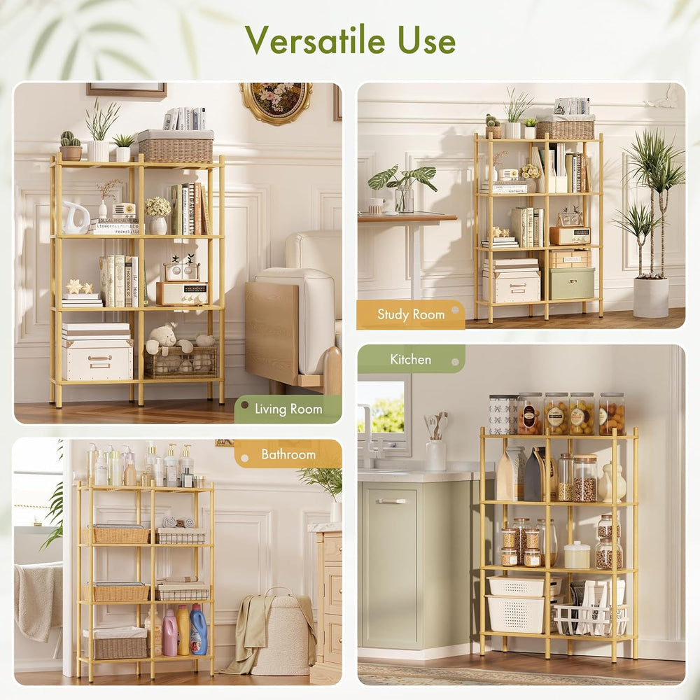 Book Shelf, 4 Tier Bamboo Bookshelf, Tall Bookcase with 8 Open Display Shelve...