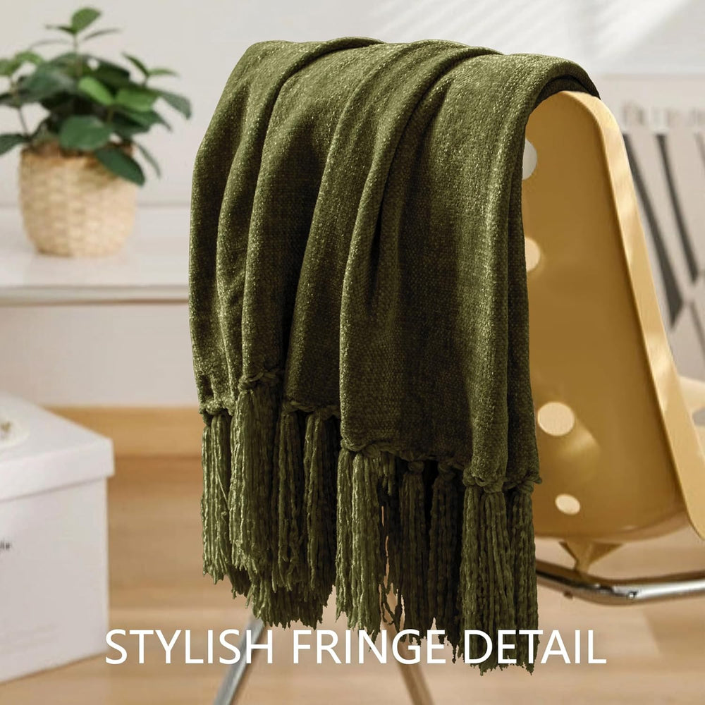 Chenille Throw Blanket for Couch 50" x 60", Olive Green