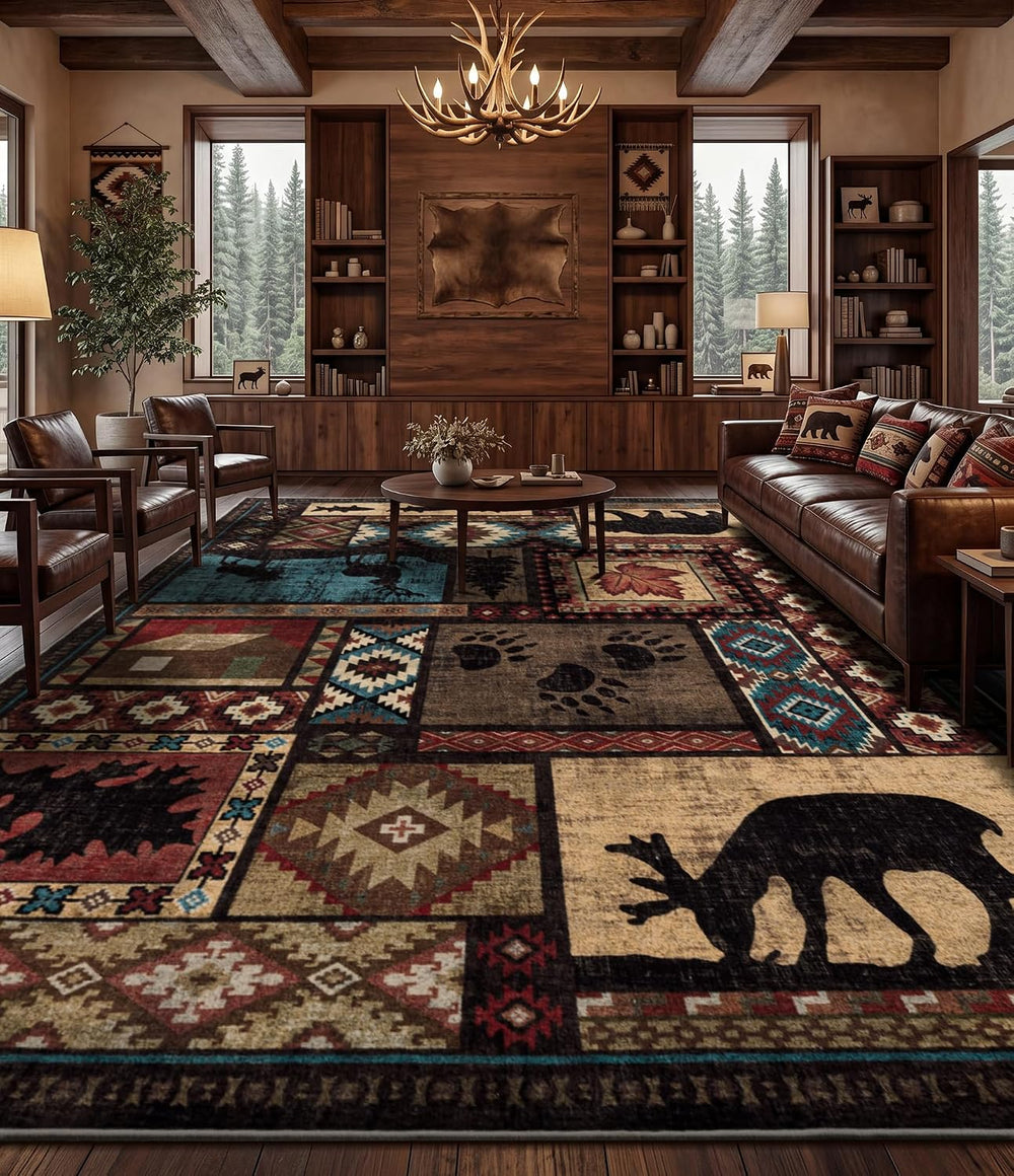 YIHOUSE 10x14 Rustic Cabin Area Rugs for Living Room, Brown