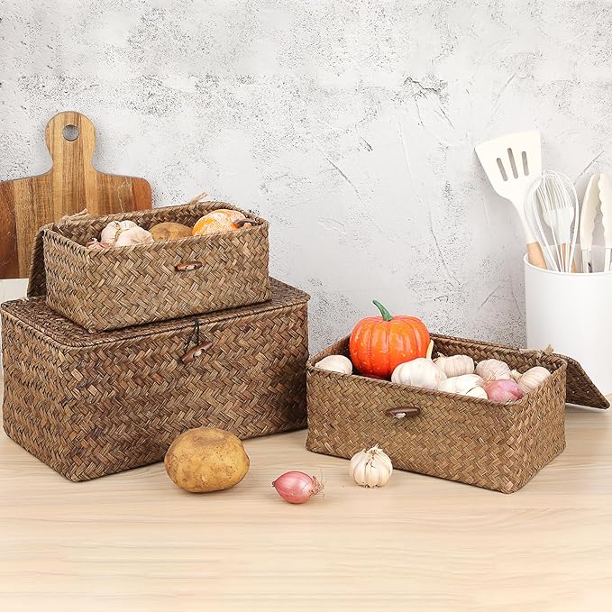 Sumnacon Wicker Basket with Lid Rectangle Woven Baskets - Image 6
