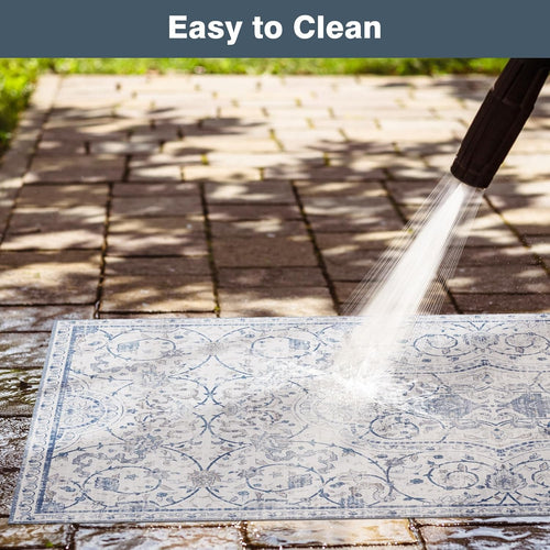 2'×6' Blue Floral Vinyl Runner Rug, Non-Slip Floor Mat for Hallway, Kitchen, Entryway, Waterproof&Stain-Resistant Vinyl Floor Mat, Easy Clean Plastic Floor Protector for High Traffic Areas, Runners