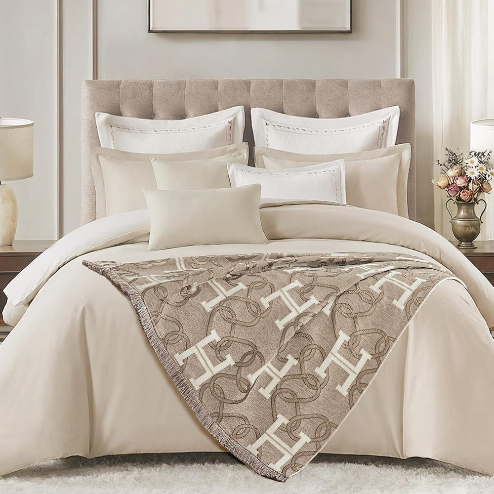 Jacquard Letter H Throw Blanket for Couch, 52”x72”, Taupe