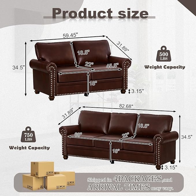 2 Piece Faux Leather Sofa Set,Modern Couch and Loveseat Sets with Storage,Mid...