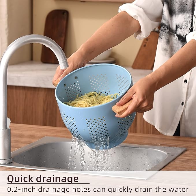 Metal Colander with Wood Handle and Stable Base, Powder Coated Steel Kitchen