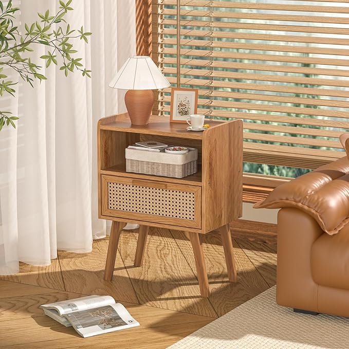 Lerliuo Rattan Nightstands Set of 2, Side Table with Drawer, Cane Accent Beds...