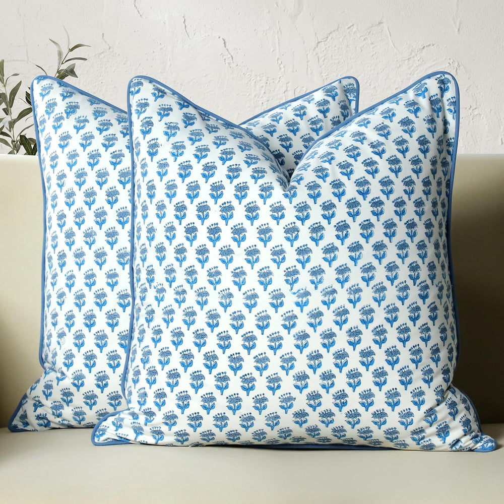 CPC Apatite Blue Block Print Throw Pillow Covers 18x18 Inch, Pack of 2