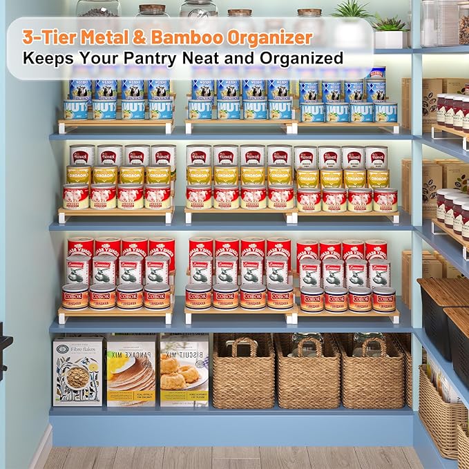 Expandable Can Organizer for Pantry, 3-Tier Adjustable Bamboo & Iron Can Rack - Image 2