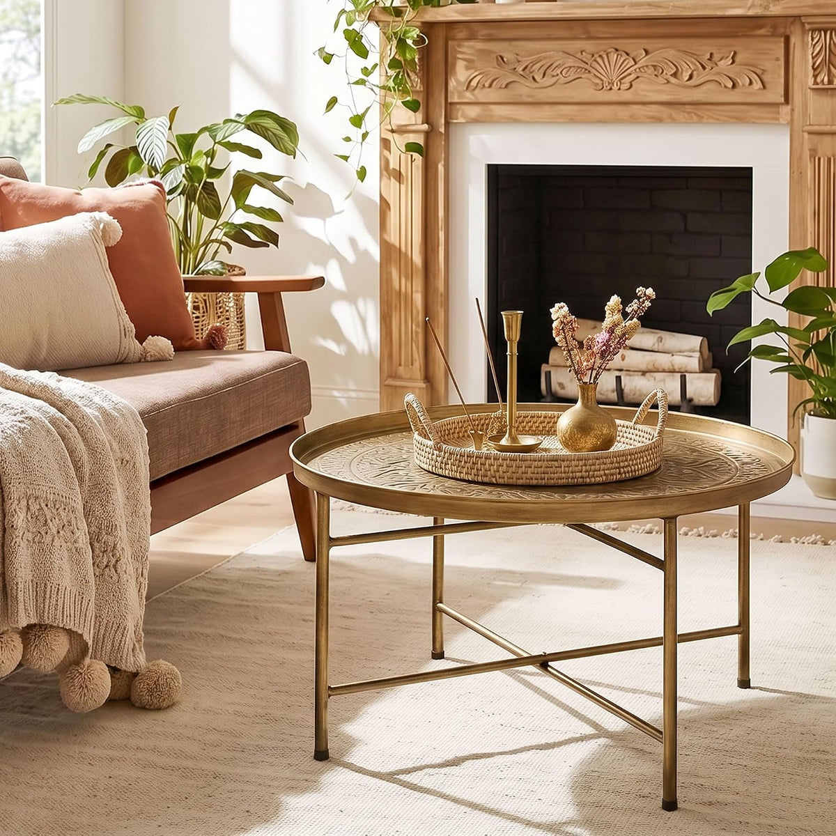 24-Inch Round Coffee Table with Hammered Tray Top and Metal Frame, Gold | Hammered Tray-Style Top and Metal Frame Create a Compact Center Table for Living Rooms and Bedrooms