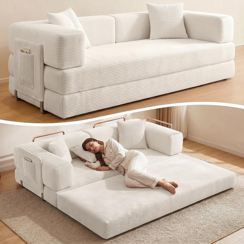 Convertible Futon Sofa Bed | 78.8” Corduroy Boneless Couch with Pull Out Sofa...
