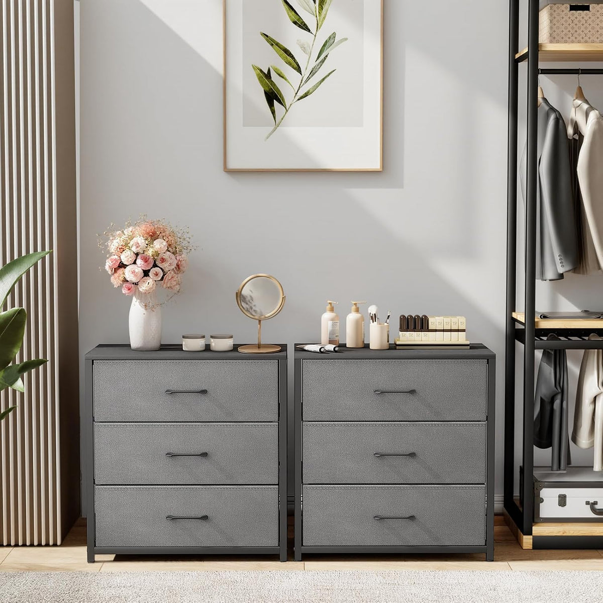Memobarco Nightstand with 3 Fabric Drawers, Storage Dresser, Gray | Storage Drawers, side Table, End Table, Fabric Drawers, Wood Top, Metal Frame, Bedroom, Closet, Living Room