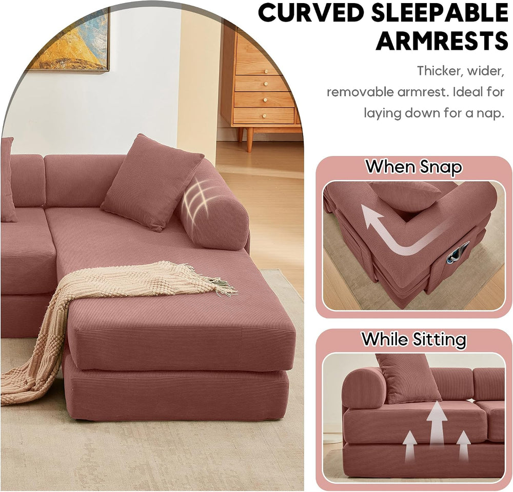 107" Modular Sectional Sofa Bed, L-Shape Corduroy Boneless Couch, Pink