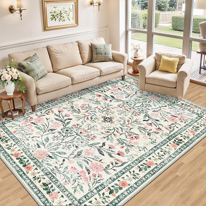 Area Rugs 9x12 Living Room: Floral Washable Rug Vintage Large Soft Boho - Image 2