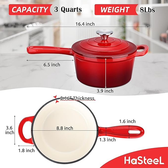 HaSteeL 3 QT Cast Iron Saucepan, Enamel dutch oven