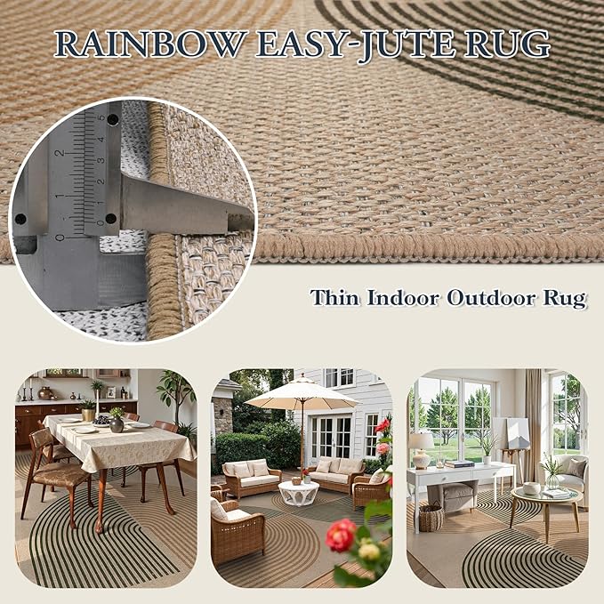 Lahome Enfys Modern Rainbow Outdoor Easy Jute Rug, Area Rugs 9x12 Living Room - Image 3