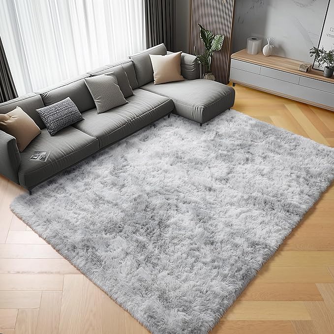 ONASAR 8x10 Area Rugs for Living Room, Tie-Dyed Light Grey Large Fluffy Shag - Image 4
