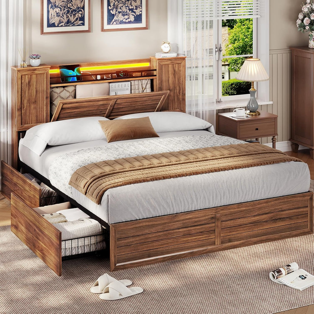 Farmhouse Full Size Bed Frame with Headboard and Double Barn Door Storage Cab...