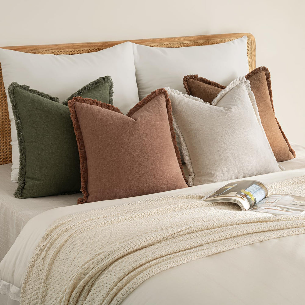 MIULEE Decorative Linen Fringe Throw Pillow Covers 18x18 Beige/Brown/Green