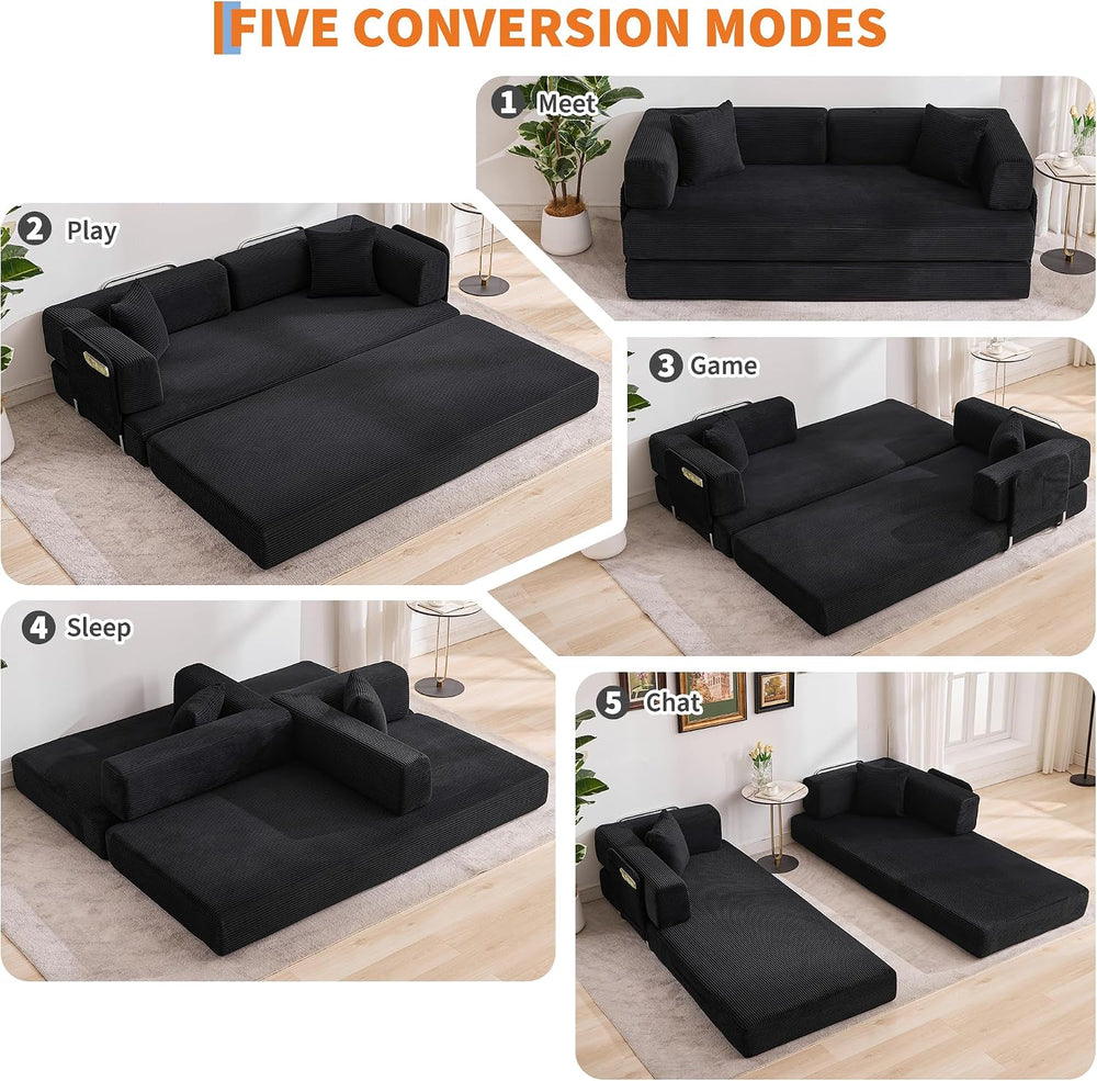 Garvee 5-in-1 Convertible Sofa Bed, 78.8" Modular Corduroy Sleeper with ...