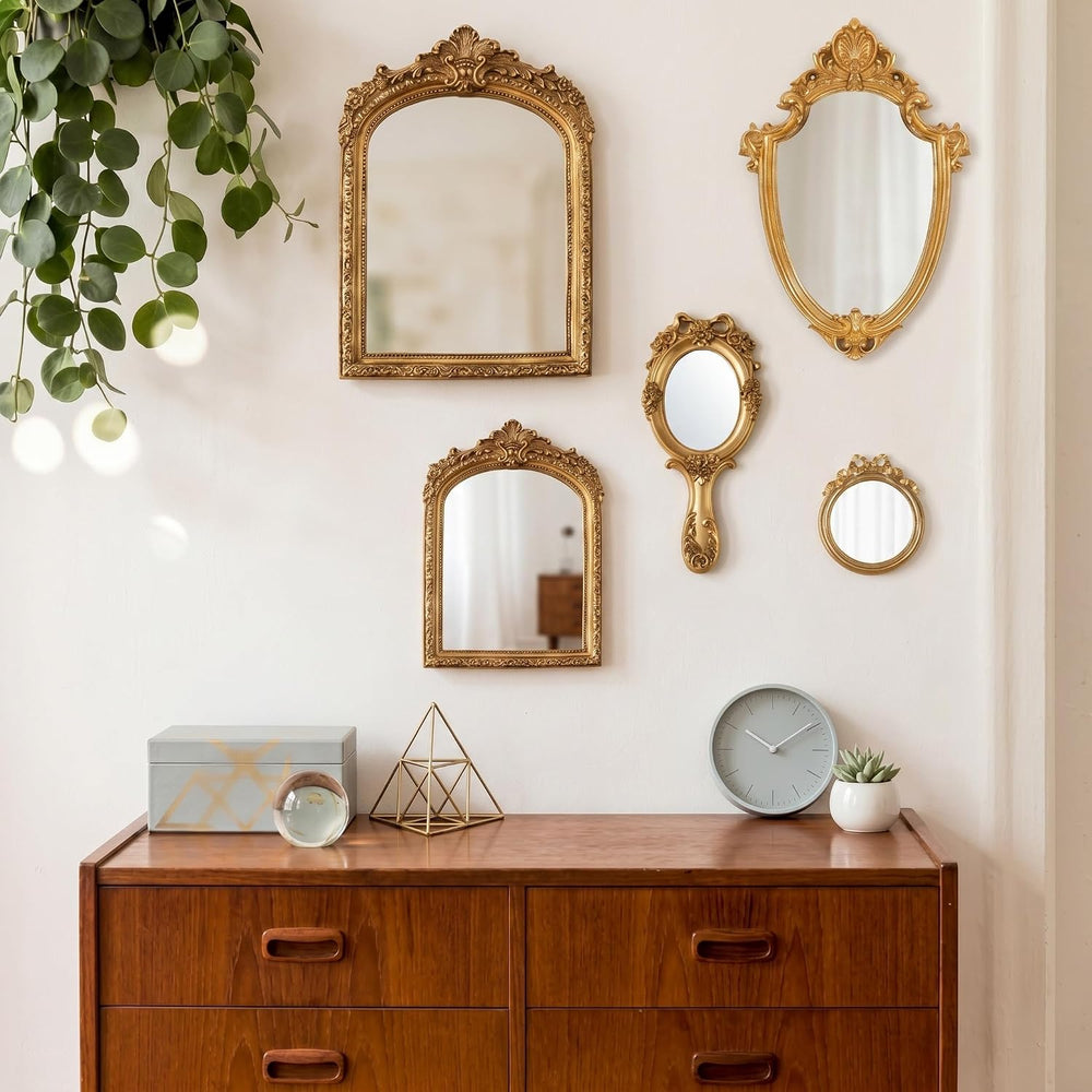 5 Pcs Vintage Gold Wall Mirror Set, 13in/8in/7in/4in, Classic Style