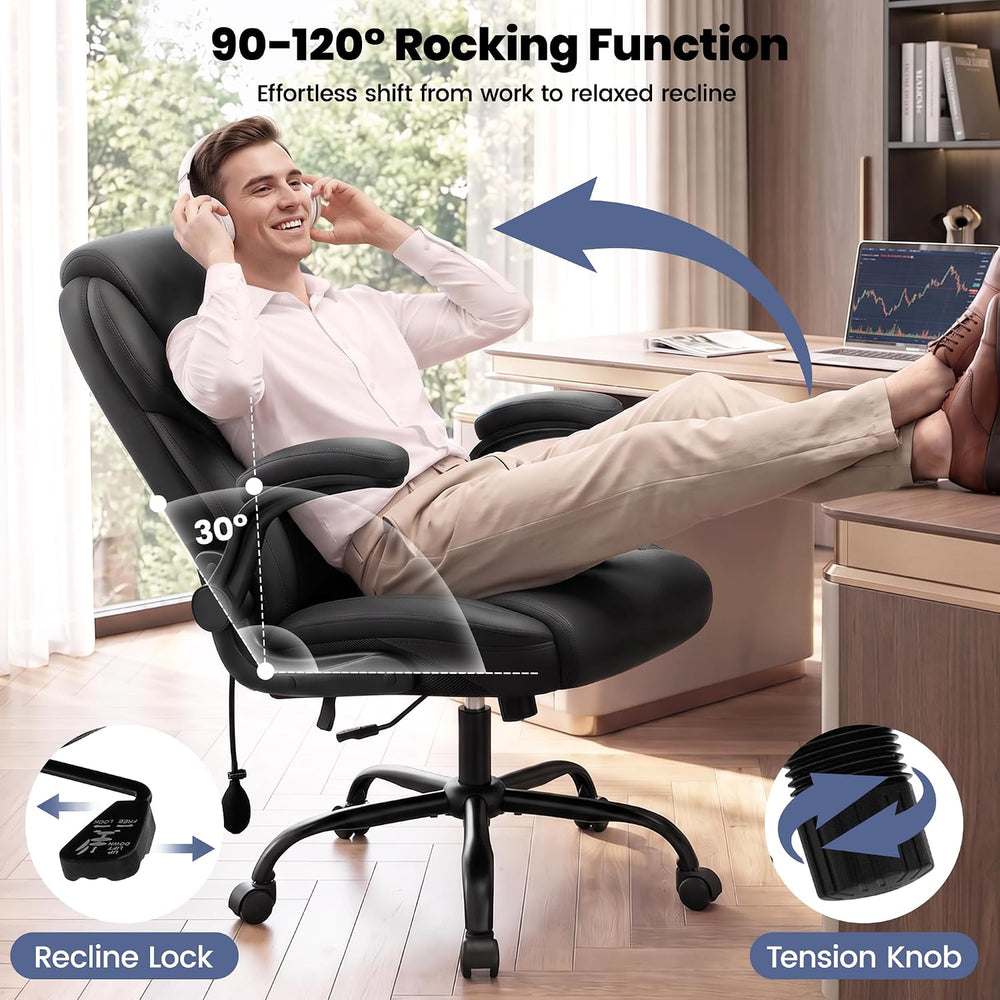 Ergonomic Leather Office Chair with Inflatable Lumbar Support, Black