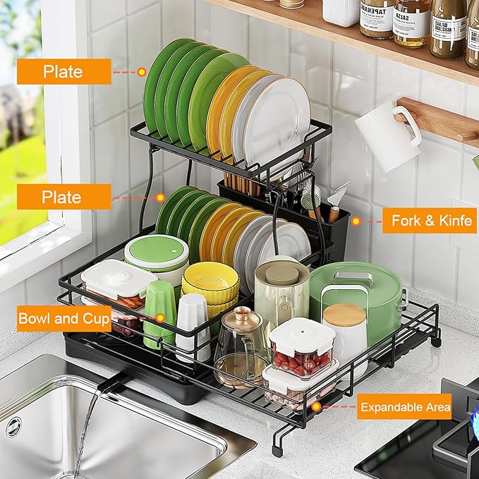 Over The Sink Large 2 Tier Dish Drying Rack Expandable, Dish Drainers
