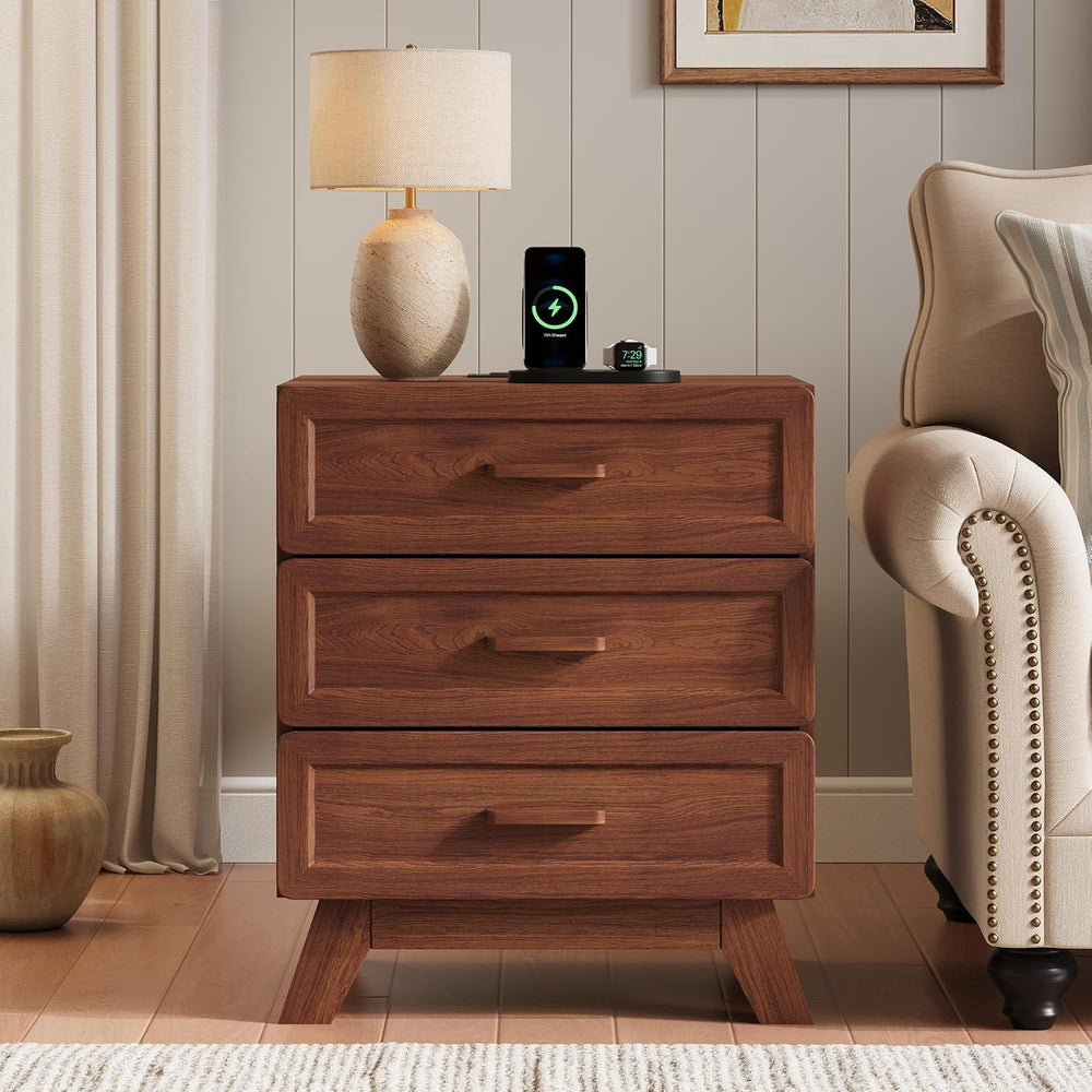 YANSNWO 23.6" Tall Nightstand with Charging Station, 3 Drawers, Walnut