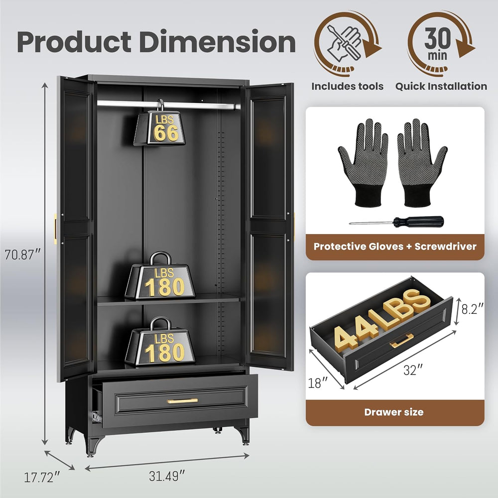 71" Black Armoire Wardrobe Closet with Drawer, Hanging Rod