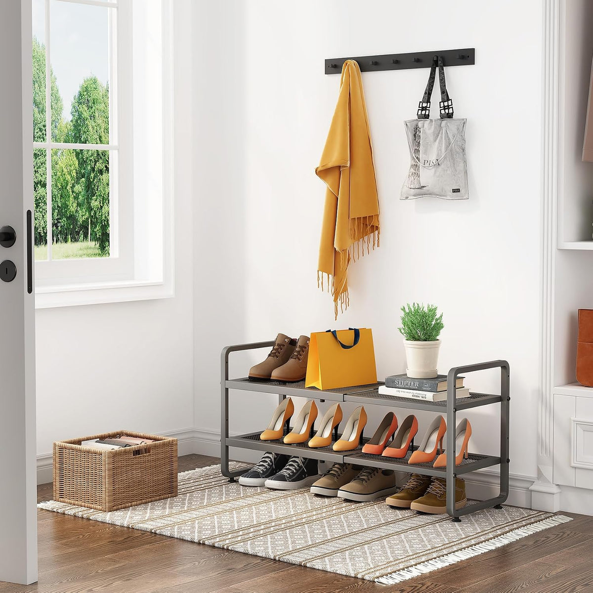 SNTD Expandable Metal Shoe Rack for Closet, Entryway & Garage, 2-Tier, Grey | Adjustable Height for Boots, Stackable Design, Dense Mesh Shelves for Heels, Fits Small Spaces, Apartments and Rentals