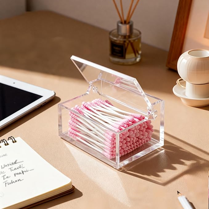 Clear Acrylic Qtip Holder with Lid, Cotton Balls Swab Organizer, 3.9" x 2.8" x - Image 9