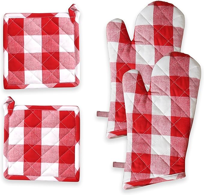 Oven Mitt & Pot Holder Buffalo Plaid Check 100% Cotton Heat Resistant Oven by SoftopiaCotton