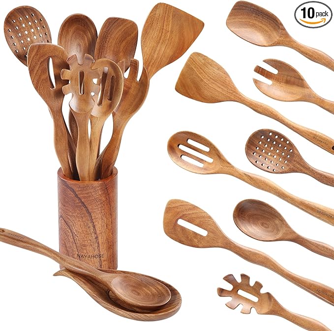 Wooden Spoons for Cooking, Non Scratch, Easy Clean, Natural Teak Wooden by NAYAHOSE
