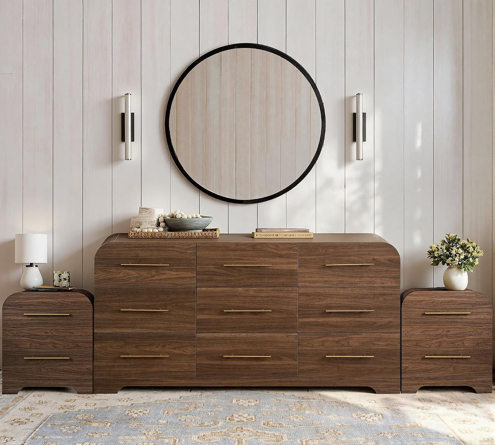 63" Wide 9 Drawer Dresser and Nightstand Set 3 Piece, Walnut