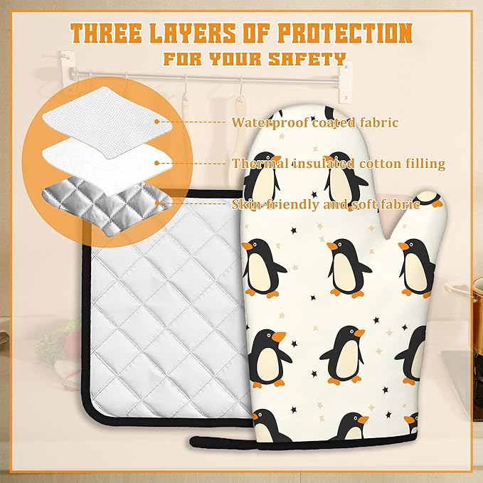 Cute Penguin Oven Mitts and Pot Holders Set, Kitchen Decor Heat Resistant Non - Image 3